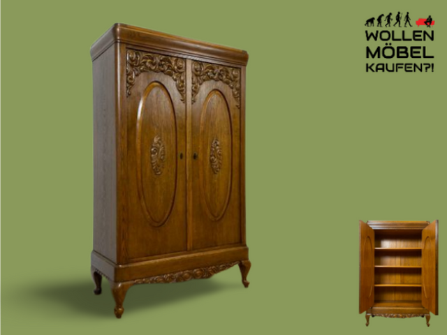 WMK I Pompöser historischer Wäscheschrank aus massiver Eiche mit handgeschnitzten Ornamenten I Schrank Kleiderschrank Wardrobe Vertiko Dielenschrank Bauernschrank Barock Antik Vintage Berlin Bayern