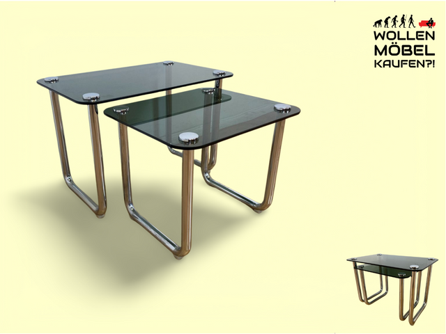 WMK # Formschöner und sehr gut erhaltener ital. Space Age 2-in-1 Satztisch aus Chrom mit stilvollem Rauchglas, um 1970 # Couchtisch Beistelltisch Glastisch Schachteltisch Coffee Nesting Table Vintage
