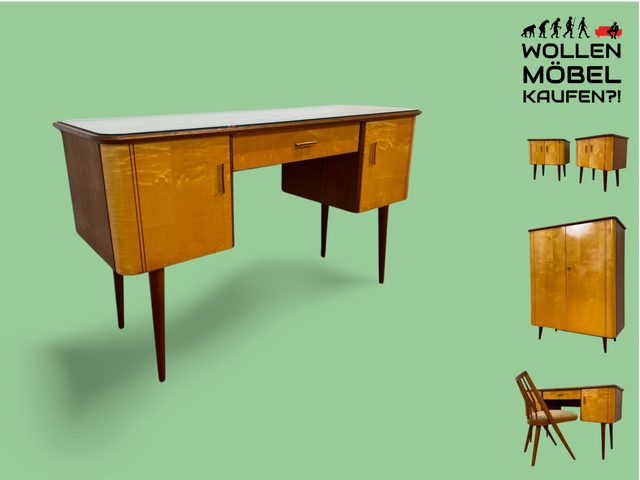 WMK Formschöner und sehr gut erhaltener kleiner Mid-Century Schminktisch von VEB Heidenau mit abnehm. Glasauflage # Frisierkommode Schreibtisch Desk Sekretär Dominia Rockabilly Vintage Retro 50er 60er