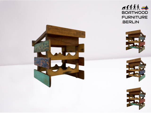 Boatwood by WMK # 1/3 Einzigartiges kleines Weinregal für 6 Flaschen, ein aus altem Bootsholz handgefertigtes Unikat aus massivem Teakholz # Flaschenregal Wine Rack Flaschenständer Weinschrank Gastro