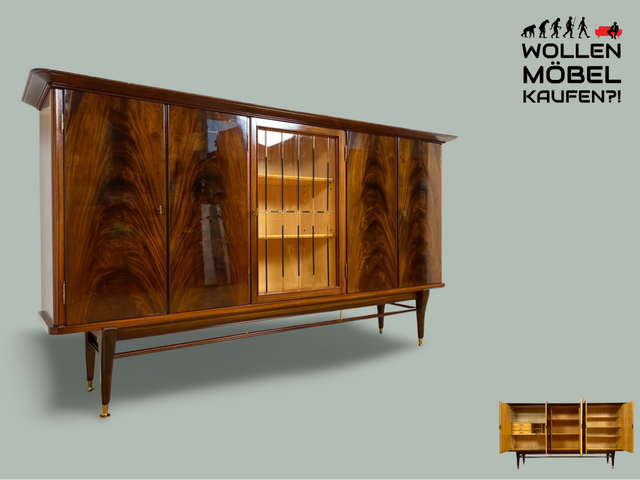 WMK I Besonders schöner dunkler & langer Mid-Century Wohnzimmerschrank mit Vitrine, Bar & Schubladen I Schrank Highboard Sideboard Anrichte Vintage 50er 6er Rockabilly Berlin Leipzig Stuttgart Bremen