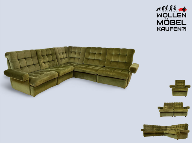WMK I Schönes und äußerst gemütliches modulares 70er Jahre Ecksofa mit grünem gestepptem Originalbezug I Couch Eckcouch Sitzecke Wohnzimmer Polstergarnitur Retro Vintage Berlin Passau Leipzig Nürnberg