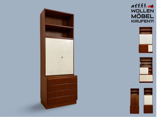 WMK # Stilvolles & gut erhaltenes modulares Mid-Century Highboard, Vollholz in Teak, mit später weißer Lackierung # Schrank Bücherschrank Regalwand Schrankwand Regal Sideboard Kommode Teakholz Vintage