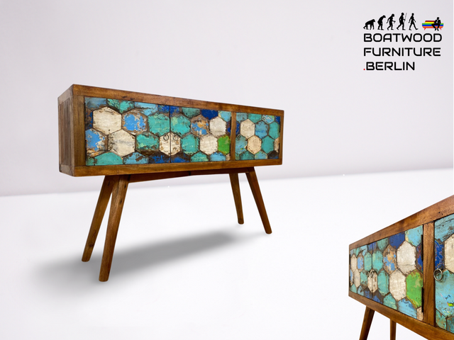 Boatwood by WMK # Detailreiche & nachhaltige Kommode aus altem Bootsholz, ein handgefertigtes Unikat aus massivem Teakholz # Sideboard Anrichte Schrank Flurkommode Konsole TV-Lowboard Bootsmöbel Teak
