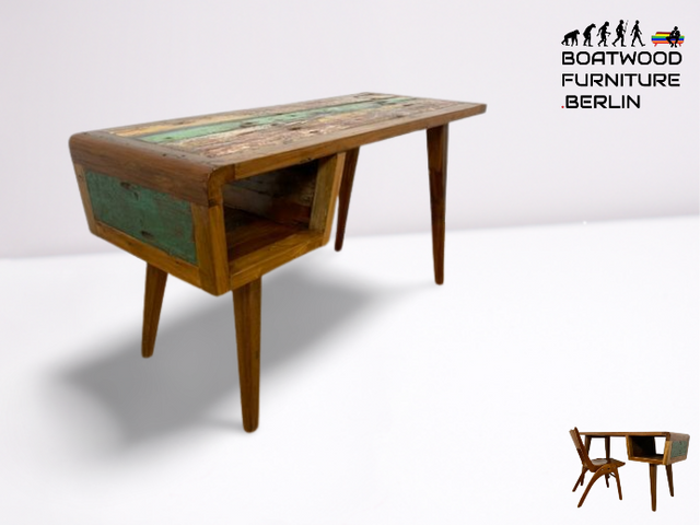 Boatwood by WMK I Formschöner & nachhaltiger Schreibtisch aus altem Bootsholz I handgefertigtes Unikat I Teakholz massiv I Arbeitstisch Desk Sekretär Bürotisch Computertisch Treibholz Köln Sylt Berlin