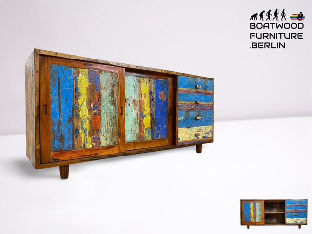 Boatwood by WMK # Bunterschönes nachhaltiges Sideboard mit Schiebetüren I Handmade Unikat aus altem Bootsholz I Teakholz massiv # Schrank Anrichte Kommode TV-Lowboard Schuhkommode Loft Usedom Rostock