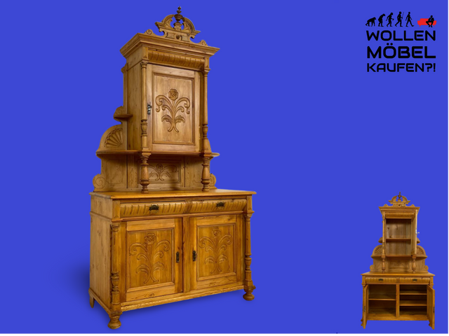 WMK # Elegante und gut erhaltene nordische antike Aufsatzanrichte aus vollem Holz mit handgeschnitzter Ornamentik # Anrichte Aufsatzbuffet Bauernschrank Buffet Büfett Barock Weichholz Vintage Berlin