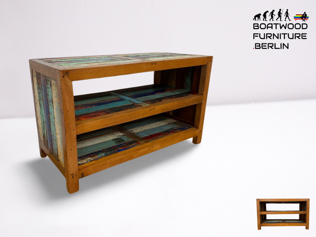 Boatwood by WMK # Farbenfrohe & nachhaltige offene Kommode aus altem Bootsholz, ein handgefertigtes Unikat aus massivem Teakholz # Regal Holzregal TV-Lowboard TV-Board Schuhregal Schuhschrank Flurbank