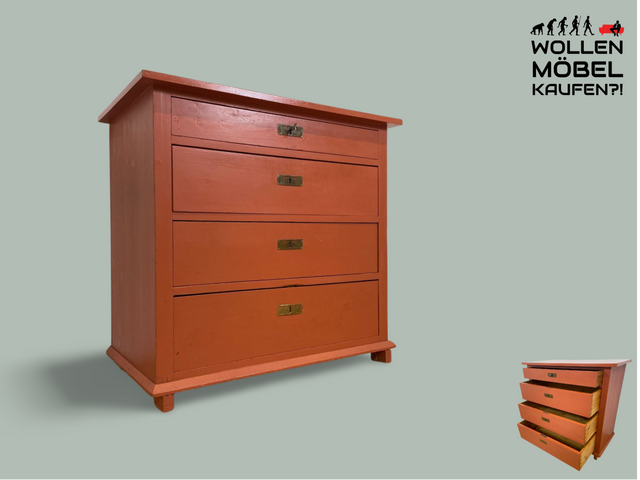 WMK # Freundliche ziegelrote antike Kommode aus vollem Holz mit großen Schubladen und Messingbeschlägen # Schrank Schubladenkommode Wäschekommode Wickelkommode Anrichte Sideboard Jugendstil Vintage