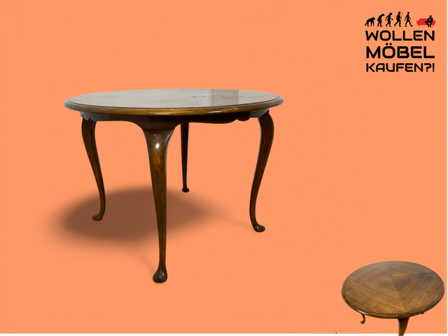 WMK # Sehr eleganter runder 60er Jahre Chippendale Couchtisch aus Nussbaum mit geschweiften Füßen # Salontisch Wohnzimmertisch Tisch Beistelltisch Ablage Stilmöbel Vintage Barock Berlin Stuttgart Jena
