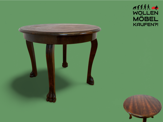 WMK I Sehr schöner runder antiker Salontisch mit handgearbeiteten Cabriole-Beinen mit Löwentatzen I Tisch Couchtisch niedriger Esstisch Chippendale Barock Vintage Berlin Magdeburg Schwerin NRW Bayern