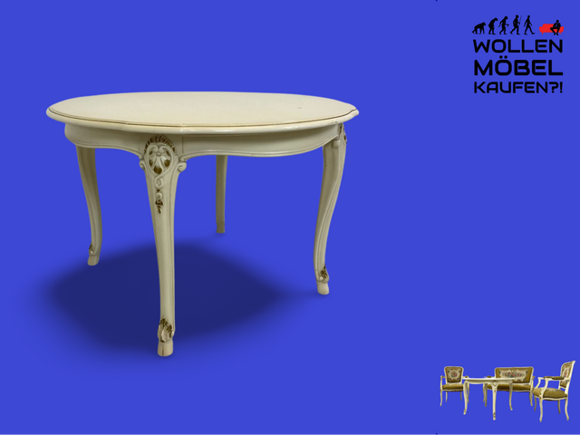 WMK# Eleganter runder weißer Salontisch aus den 1960ern im Rokoko Stil mit verziertem Holzrahmen & goldenen Akzenten I Couchtisch Tisch Coffee Table Chippendale Stilmöbel Louis XV Vintage Berlin NRW