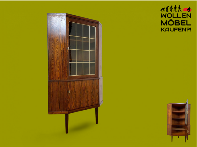 WMK # Stilvolle skandinavische Mid-Century Eckvitrine aus vollem Holz in Palisander mit orig. Bleiverglasung # Vitrine Eckschrank Barschrank Bücherschrank Büchervitrine Danish Design Rosewood Vintage