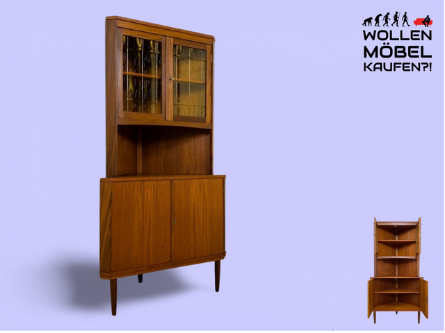 WMK I Stilvolle skandinavische Mid-Century Eckvitrine in Teakholz I Eckschrank Eckkommode Highboard Schrank Kommode Bücherschrank Eckregal Geschirrschrank Danish Design Vintage Teak Bayern NRW Bremen
