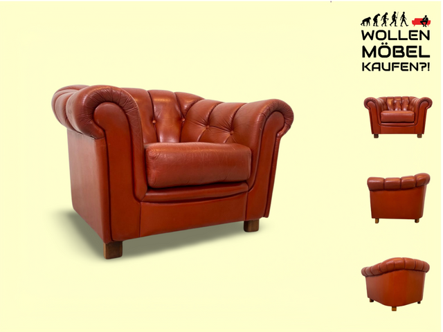 WMK Hochwertiger, gut erhaltener und äußerst bequemer skandinavischer Ledersessel mit weichem gestepptem Echtlederbezug # Sessel Sitzgarnitur Ledergarnitur Chesterfield Leder Echtleder Vintage