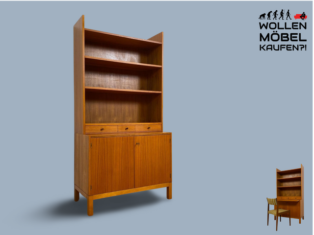 WMK # Stilvoller skandinavischer Mid-Century Bücherschrank in Teakholz mit auszieh. Schreibfläche & verstell. Regalböden # Bücherregal Regal Sekretär Highboard Kommode Sideboard Vintage Danish Design