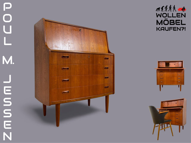 WMK # Stilvoller skandinavischer Mid-Century Designersekretär von Poul M. Jessen in Teakholz mit edlen Holzgriffen # Sekretär Schreibtisch Desk Danish Design Vintage Teak 60er PMJ Berlin Hamburg Köln