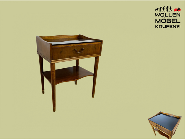 WMK # Schöner & sehr gut erhaltener skandinavischer Mid-Century Nachttisch mit Schublade, Ablage, Glasauflage & Messinggriff # Nachtschrank Nachtkommode Nachtschränkchen Beistelltisch Kommode Vintage