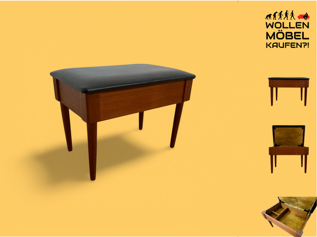 WMK # Stilvoller skandinavischer Mid-Century Nähhocker aus Teakholz , mit aufklappbarem Stauraum und schwarzem Kunstlederbezug # Hocker Sitzhocker Fußhocker Sitz Lederhocker Danish Design Vintage Teak