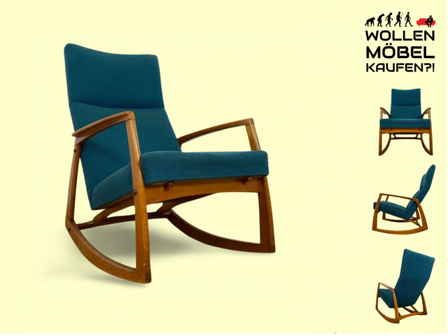 WMK # Stilvoller, gut erhaltener und sehr gemütlicher skandinavischer Mid-Century Schaukelstuhl mit Originalbezug in Petrolgrün # Sessel Lesesessel Schaukelsessel Rocking Chair Vintage Berlin München