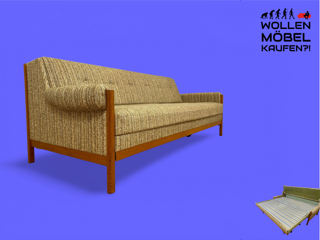 WMK # Hochwertiges skandinavischer Mid-Century Schlafsofa mit verstautem Doppelbett, feinem Wollbezug und Teakholz Rahmen # Sofa Couch Schlafcouch Ausziehsofa Klappsofa 3-Sitzer Danish Design Vintage
