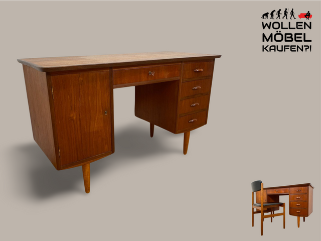 WMK I Hochwertiger skandinavischer Mid-Century Schreibtisch in Teakholz mit Schubladen & formschönen Holzgriffen I Writing Desk Bureau Sekretär Danish Design Vintage 50er 60er Teak Berlin Hamburg Köln