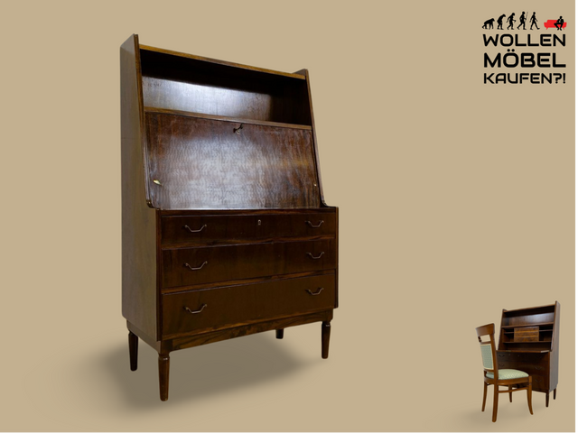 WMK # Stilvoller skandinavischer Mid-Century Sekretär aus vollem Holz mit stabiler Schreibfläche und Schubladen # Schreibtisch Schreibschrank Desk Schubladenkommode Kommode Wäschekommode Vintage 60er