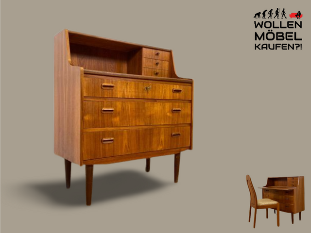 WMK I Hochwertiger skandinavischer Mid-Century Sekretär in Teakholz mit auszieh. Schreibfläche I Schreibschrank Schreibtisch Desk Kommode Wäsche Schmink Tisch Danish Design Vintage Berlin Köln Hamburg