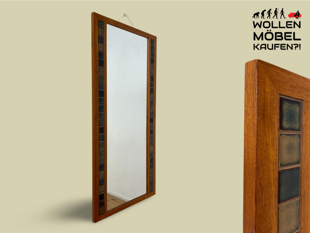 WMK I Schöner großer skandinavischer Wandspiegel mit Holzrahmen in Teak und kunstvollen Fliesen Mosaik, Dänemark, 70er Jahre I Spiegel Mirror Garderobe Flur Bad Retro Space Age Danish Design Teak