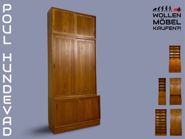 WMK # Hochwertiges skandinavisches Designer Highboard von Poul Hundevad , Massivholz in Teak , mit Schiebtüren # Schrank Bücherschrank Bücherregal Sideboard Danish Design Mid-Century Vintage Teakholz