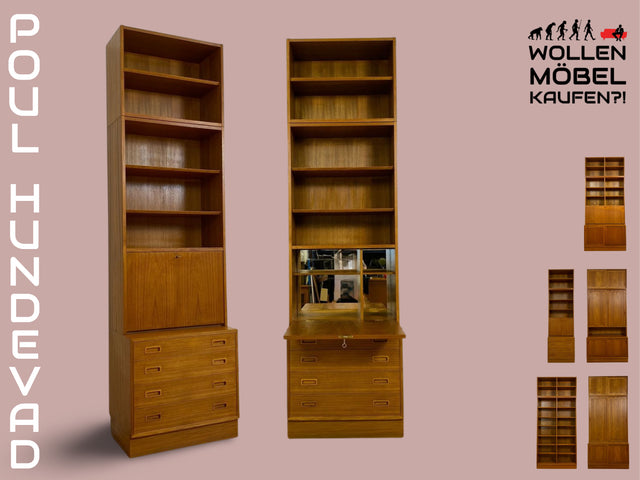 WMK # Hochwertiges skandinavisches Designer Highboard von Poul Hundevad , Vollholz in Teak, m. Schubladen, Bar & Regal # Barschrank Bücherregal Bücherschrank Danish Design Mid-Century Vintage Teakholz