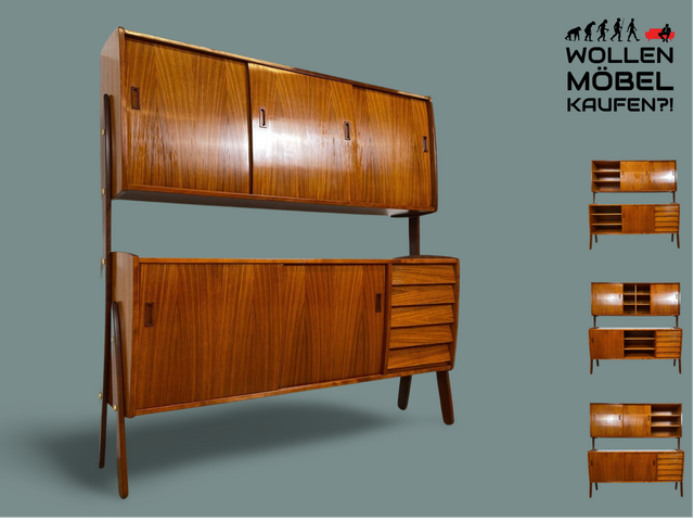 WMK I Hochwertiges skandinavisches Mid-Century Highboard , Vollholz in Teak & Palisander , mit Schiebetüren I Schrank Sideboard Kommode Anrichte Cabinet Danish Design Vintage Teak Berlin Köln München