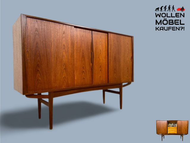 WMK I Besonders schönes skandinavisches Mid-Century Highboard in Teakholz mit Bar, Schiebetüren & Schubladen I Sideboard Schrank Barschrank Barkommode Danish Design Vintage 60er Berlin Hamburg München