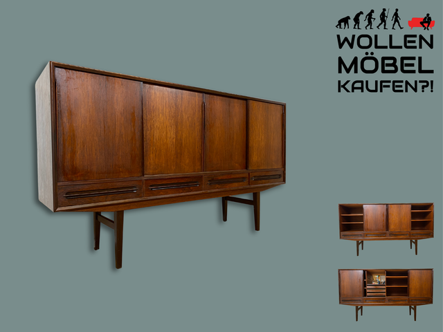WMK I Hochwertiges skandinavisches Mid-Century Highboard in edlem Palisander mit Schubladen, Schiebetüren & Bar I Schrank Anrichte Sideboard Barkommode Barschrank Danish Design Vintage 60er Rosewood