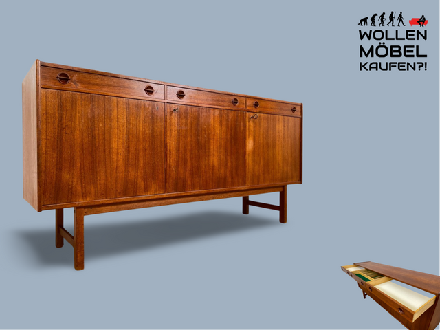 WMK I Stilvolles und gut erhaltenes skandinavisches Mid-Century Sideboard in Teakholz mit Schubladen und formschönen Holzgriffen I Kommode Schrank Anrichte TV Lowboard Bank Danish Design Vintage 60er