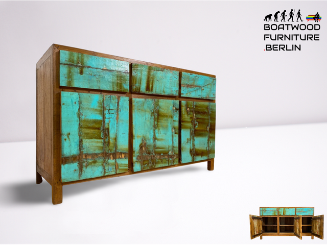 Boatwood by WMK # Besonders schönes türkises Sideboard mit Schubladen , ein aus altem Bootsholz handgefertigtes Unikat aus massivem Teakholz # Schrank Kommode Anrichte Wäschekommode Schubladenkommode