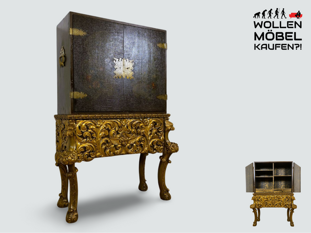 WMK I Das Highlight! Prunkvoller venezianischer antiker Schrank , um 1880, handbemalter Aufsatz auf geschnitzter vergoldeter Konsole mit Putti & Akanthus I Cabinet Bar Anrichte Kommode Chinois Barock