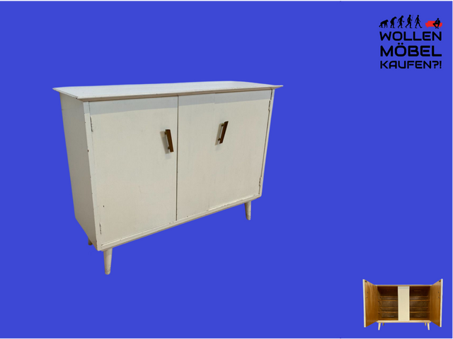 WMK # Sehr hübsche weiße 50er Jahre Schuhkommode aus vollem Holz mit formschönen Messinggriffen und zeittypischen konischen Füße # Schuhschrank Flurkommode Schuhregal Flurschrank Vintage Mid-Century