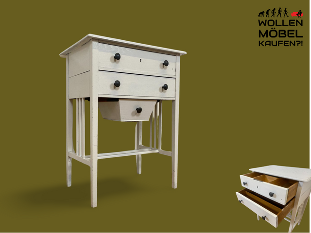 WMK # Elegante und filigrane weiße antike Nähkommode aus vollem Holz mit Schubladen und Originalgriffen # Kommode Nähtisch Beistelltisch Flurkommode Konsolentisch Konsole Garderobe Jugendstil Vintage