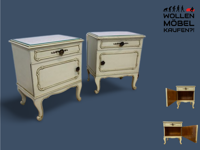 WMK I 1/2 Sehr schöner weißer 1950er Chippendale Nachttisch mit Schubladen & abnehm. Glasauflage I Nacht Schrank Kommode Tischchen Beistelltisch Shabby Chic Vintage Mid-Century Berlin Regensburg Halle