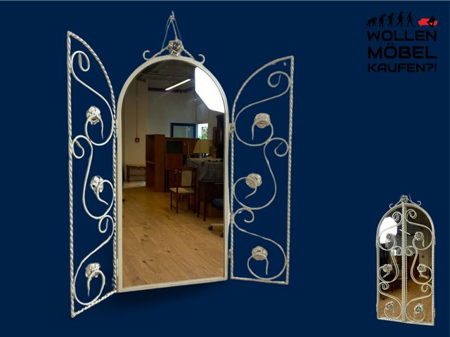 WMK I Romantischer weißer 1960er Schmiedeeisen Spiegel in antikem Stil mit Fensterläden und Rosen I Wandspiegel Metallspiegel Eisenspiegel Flurspiegel Mirror Shabby Chic Vintage Berlin Dresden Bayern