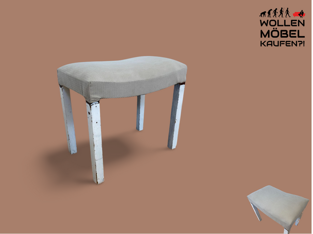 WMK l Hübscher jedoch etwas abgerockter weißer Mid-Century Hocker mit späterem grauem Sitzbezug l Sitzhocker Fußhocker Schemel Taburett Pouf Sitz Bank Stuhl Shabby Chick Vintage l Versand möglich