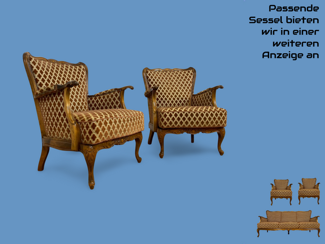 WMK Elegantes und sehr gut erhaltenes 60er Jahre Chippendale Sofa mit wunderbarem Brokat Bezug in Altrosa, feinem Geflecht und Federkern # Couch 3-Sitzer Daybed Sitzgarnitur Mid-Century Vintage
