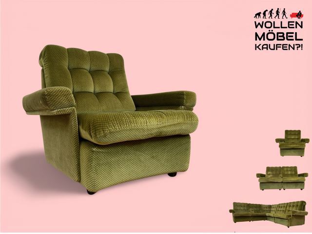 WMK I Hübscher und sehr gemütlicher 70er Jahre Sessel mit grünem gestepptem Originalbezug I Clubsessel Polstersessel Sitzgarnitur Wohnzimmer Polstergarnitur Retro Vintage Berlin Hamburg Leipzig Bremen