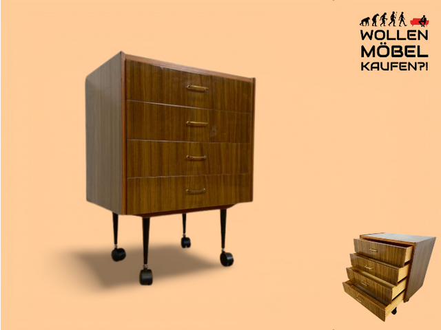 WMK I Hübsche kleine dunkle 70er Jahre DDR Kommode mit Schubladen , formschönen Messinggriffen & Metallfüßen I Schränkchen Tisch Nacht Wäsche Flur Beistell Bad Retro Vintage VEB Berlin Hamburg Bochum