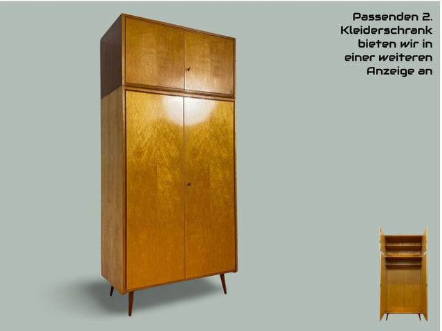 WMK # Raumaufhellender und geräumiger Mid-Century Kleiderschrank aus 1964 in Buche und Birke mit Aufsatz # Schrank Wäscheschrank Wardrobe Schlafzimmerschrank Aufsatzschrank DDR Vintage Retro 60er