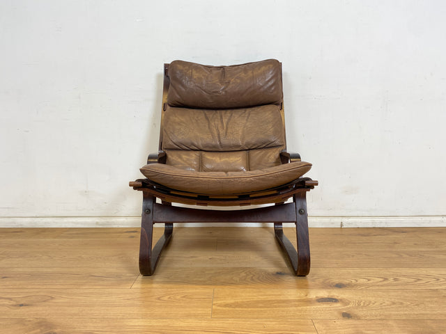 WMK Stilvoller & sehr bequemer norwegischer 70er Jahre Sessel in braunem Echtleder & Bugholz Rahmen # Ledersessel Lesesessel Relaxsessel Freischwinger Skandinavisches Design Mid-Century Vintage Leder