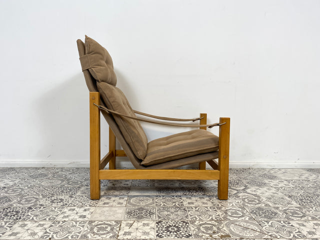 WMK Stilvoller, gemütlicher & gut erhaltener Vintage Sessel im Safari Stil mit hochwertigem Stoffbezug # Lesesessel Relaxsessel Fernsehsessel Sitzgarnitur Mid-Century Skandinavisches Design Retro