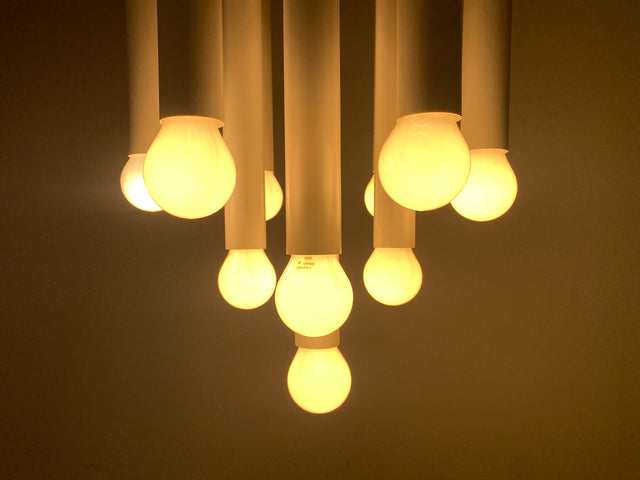 WMK # Berühmte und gut erhaltene weiße 70er Jahre Space Age Designer Deckenlampe von Temde aus Metall mit 10-flammigen Licht # Lampe Deckenleuchte Luster Kronleuchter Pendelleuchte Lamp Vintage
