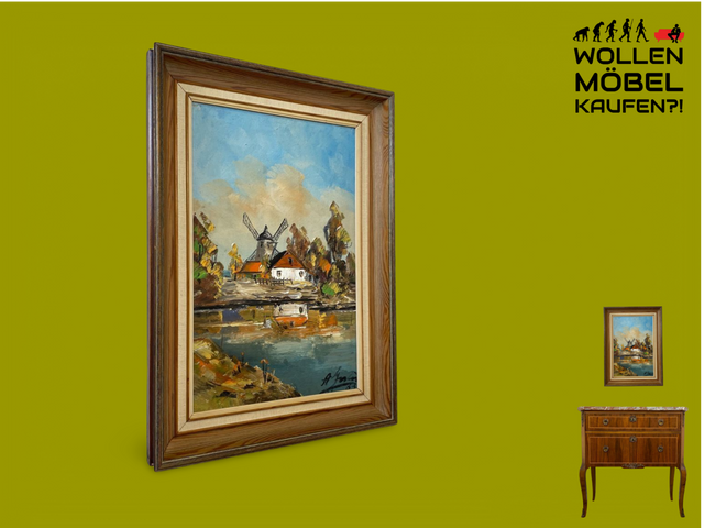 WMK Freundliches, gut gemaltes & sehr gut erhaltenes schwedisches Vintage Öl auf Spannplatte Gemälde , 41x56cm, signiert, Holzrahmen # Bild Wandgemälde Wandbild Ölgemälde Mühle See Natur 50er 60er